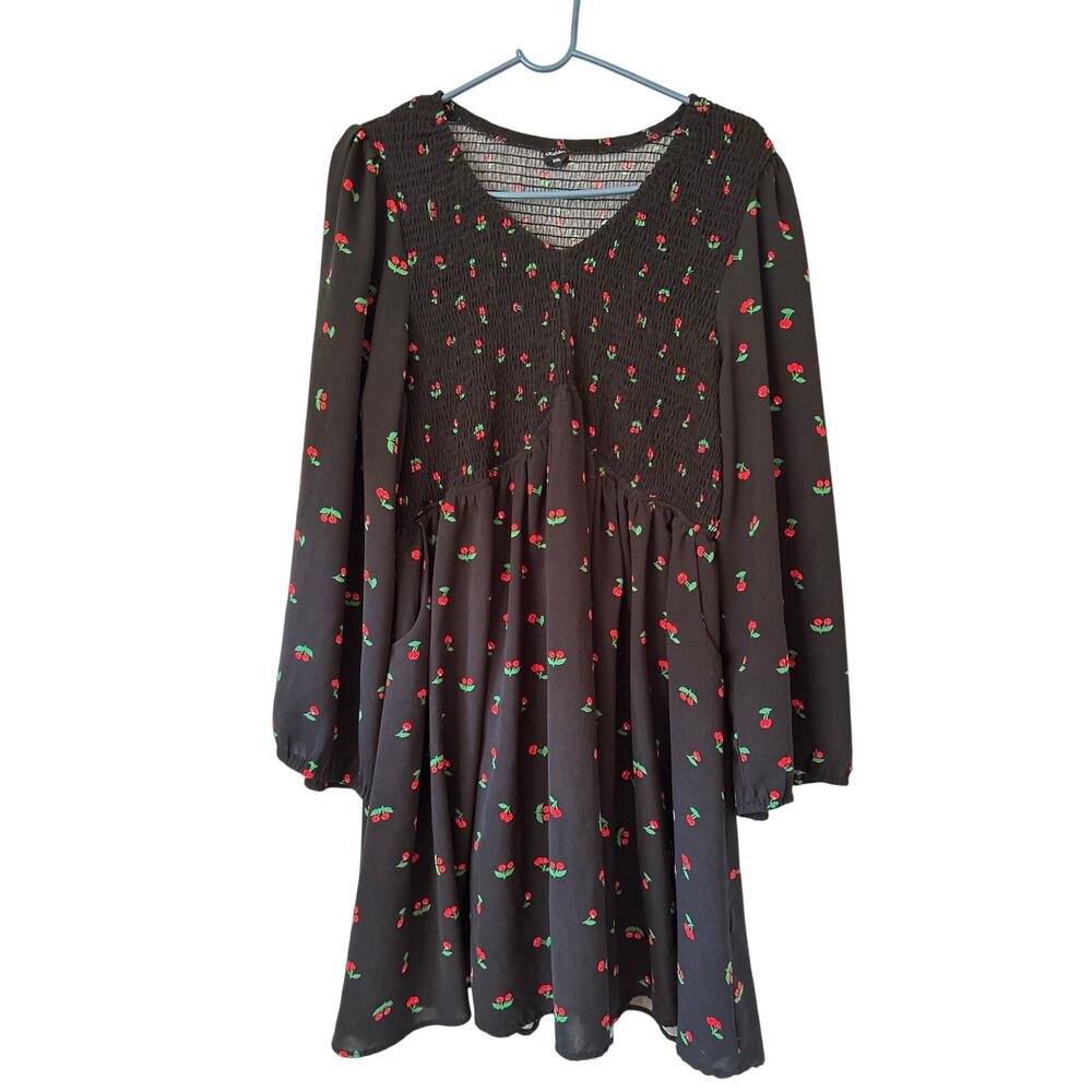 Cicidudu Plus Size Black Cherry Print Mini Dress Smocked V-Neck Size 2XL